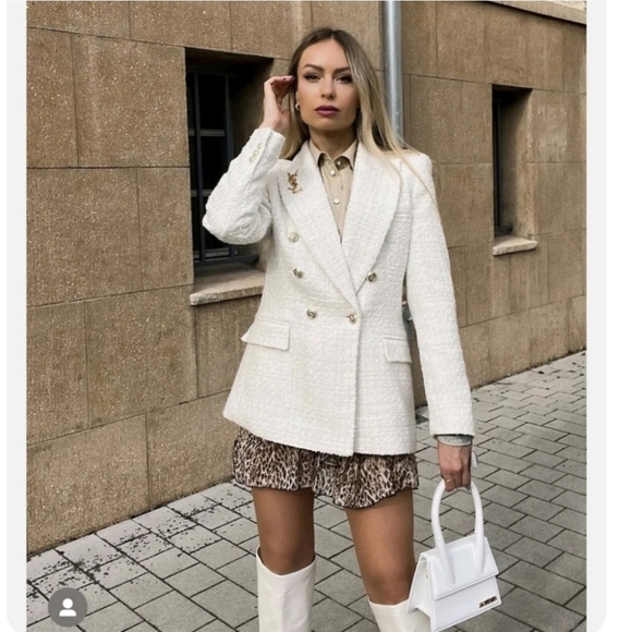 ZARA Tweed Textured Double Breasted Blazer gold buttons size S - Picture 11 of 16
